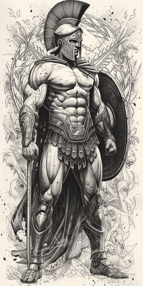 Spartan Tattoo Designs Men, Soldier Art Drawing, Spartan Warrior Drawing, Roman Soldier Drawing, Spartan Drawing, Spartan Warrior Tattoo, Gladiator Art, Knight Sketch, Ancient Warrior