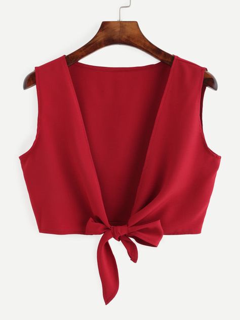 Tie Hem Crop Top -SheIn(Sheinside) Crop Tops Online, Vest Crop Top, Diy Vetement, Front Crop Top, Red Crop Top, Crop Top Outfits, Cropped Tops, Womens Tie, Mode Inspo