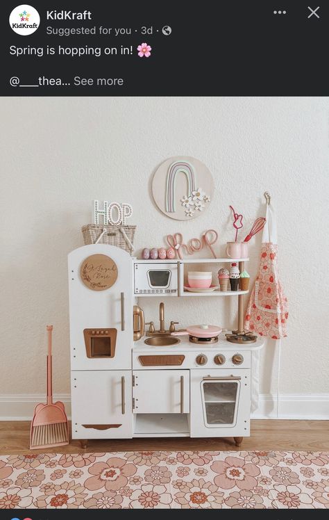 Play Kitchen Kidkraft, Diy Play Kitchen Accessories, Kidkraft Vintage Kitchen, Kidkraft Kitchen, Organize A Playroom, Playroom Toy Storage, Playroom Decorating Ideas, Playroom On A Budget, Playroom Decor Ideas