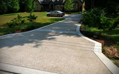 Exposed Aggregate Driveway with traditional driveway border. Aggregate Patio, Exposed Aggregate Driveway, Aggregate Driveway, Stamped Concrete Driveway, Exposed Aggregate Concrete, Aggregate Concrete, Exposed Aggregate, Stone Driveway, Driveway Design