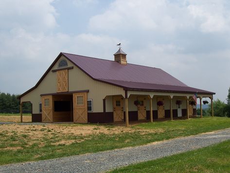 White Metal Roof, Pole Barn Garage, Metal Barn Homes, Dream Horse Barns, Horse Barn Plans, Backyard Farm, Apartment Exterior, Barn Pictures, Pole Barns