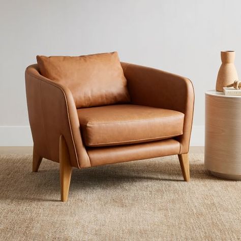 Modern Living Room Chairs | West Elm Leather Accent Chair, Leather Lounge Chair, Leather Lounge, Leather Armchair, Key Details, Oak Finish, Beautiful Bathrooms, Polyurethane Foam, Walnut Finish