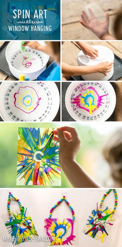 KID-MADE SPIN ART WALL HANGINGS Hello Wonderful, Salad Spinner, Spin Art, Diy Gifts For Kids, Creative Arts And Crafts, Crafty Kids, Art Activities For Kids, Camping Art, Easy Crafts For Kids