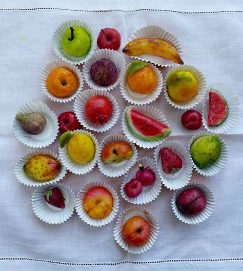 Letitia on Instagram: "Mum and my capolavoro - marzipan fruits or frutta di Martorana, the best use of food dye and poppy seeds and the most fun (and sticky) thing to make for your family this Christmas. You can easily make your own marzipan, they are cheap and cheerful and once dried keep forever. Recipe, history and thoughts all in #dolce 🍊🍋🍉🍎🍌🍓🍇" Marzipan Fruit, Thing To Make, Food Dye, Poppy Seeds, Marzipan, Poppies, Make Your Own, Pineapple, Seeds