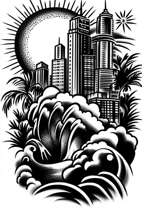 Tattoo idea: tattoo sketch The city sleeps its skyline a silhouette 3 Skyline Tattoo, Tropical Greenhouses, Idea Tattoo, Silhouette Sketch, New Tattoo Designs, 3 Tattoo, Group Project, Tattoo Sketch, Top Tattoos