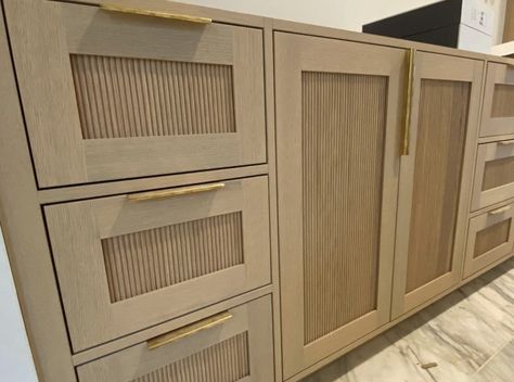 Dowels On Cabinets, Dowel Rod Cabinet Door, Cabinetry That Looks Like Furniture, Wood Slat Kitchen Cabinet Doors, Ribbed Cabinet Doors, Diy Fluted Kitchen Cabinets, Reeded Cabinets Kitchen, Reeded Cabinets Bathroom, Textured Cabinet Doors