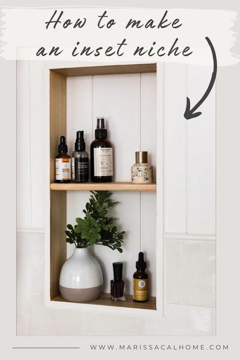 I’ve always wanted to try inset shelving. Using the space between studs can look so sleek if done right. My primary bathroom was lacking storage and I knew this was my opportunity to go for it! After some trial and error, my between-stud bathroom niche turned out just as planned. Read on to learn how! Wall Storage Small Bathroom, Bathroom Wall Inserts, Bathroom Wall Built In Shelves, Bathroom Niche Over Toilet, Bathroom Shelf In Wall, In Wall Shelving Bathroom, Bathroom Backsplash Shelf, Shelves In Wall Bathroom, Inset Wall Cubby