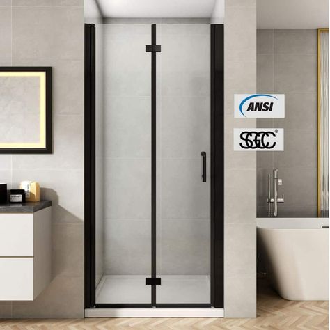 Italy Bathroom, Unique Shower Doors, Vanity In Bathroom, Bifold Doors Makeover, Light Grey Bathrooms, Shower Door Seal, Bifold Shower Door, Semi Frameless Shower Doors, Black Shower Doors