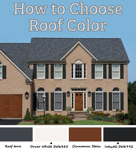 How-To-Choose-Roof-Color-Graphic Brown Brick Houses, Roof Shingle Colors, Tan House, Black Shutters, Brown Doors, Shingle Colors, Brown Brick, Blue Roof, House Exterior Colors Schemes