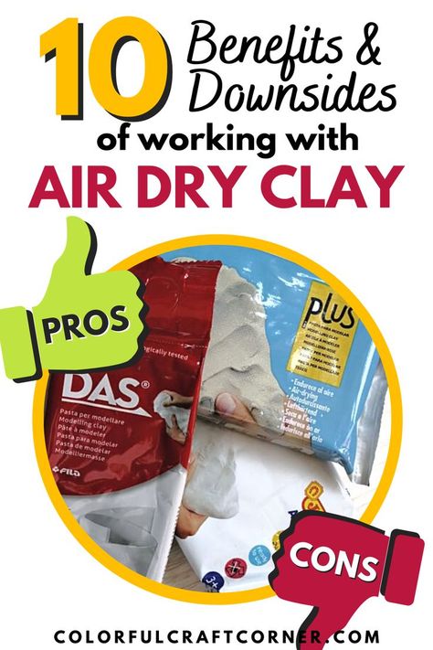 Learn all the benefits and downsides of working with air dry clay and decide for yourself, is it a good craft medium? I've been using air drying clay for years and in this post, I'll share all the PROs and CONs I learned. Air hardening clay is one of the most versatile craft materials I have ever used and I encourage everyone to try it! #airdryclay #PROs #CONs #benefits Working With Air Dry Clay, Air Dry Modeling Clay, Good Craft, Air Drying Clay, Homemade Clay, Air Dry Clay Projects, Clay Crafts Air Dry, Craft Corner, Modeling Clay