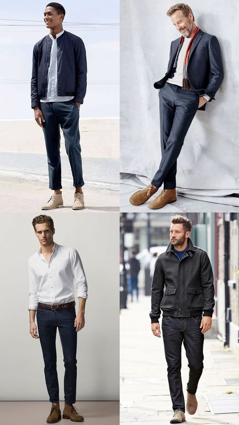 How to wear chukka #boots  and desert boots" Desert Boots Men Outfit, Chukka Boot Outfit, Converse Men Outfit, Desert Boots Outfit, Chukka Boots Outfit, Nike Men Outfit, Denim Jacket Men Outfit, Blue Chinos Men, Grey Chinos Men