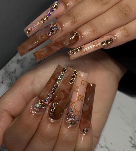 Brown Acrylic Nails, Drip Nails, Swarovski Nails, Glow Nails, Dope Nail Designs, Exotic Nails, Acrylic Nails Coffin Pink, Long Square Acrylic Nails, Bling Acrylic Nails