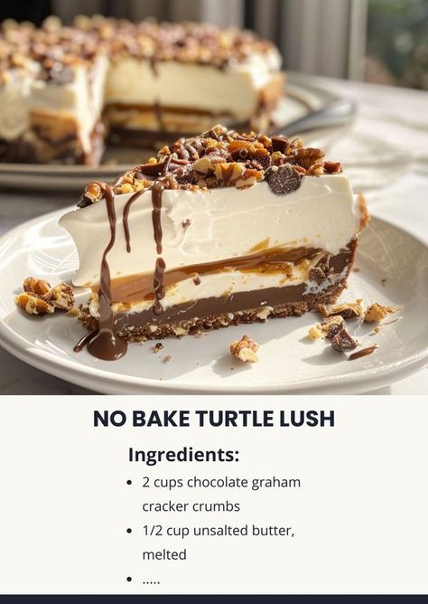 Tasty Cooking - easy & yummy | No Bake Turtle Lush 🍫🐢 | Facebook Turtle Lush Recipe, No Bake Turtle Lush, Turtle Lush Dessert, No Bake Turtle Cheesecake, No Bake Turtle Cheesecake Recipes, Easy Turtle Cheesecake, Cheesecake Recipes Turtle, Ultimate Turtle Cheesecake Recipe, Turtle Cheesecake