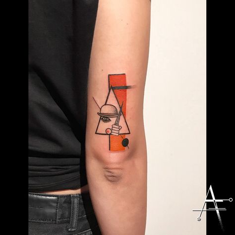 A Clockwork Orange... . For custom designs and booking; alperfiratli@gmail.com #aclockworkorange #geometrictattoo #geometric #colortattoo #colorful #minimal #tattoo #tattooartist #tattooidea #art #tattooart #tattoooftheday #ink #inked #customtattoo #customdesign #tattooist #dotwork #film #poster #linework #surreal #surrealism #movie #abstracttattoo #abstractart #surrealart #movietattoo #kubrick #oakland #stanleykubrick #clockworkorange | 1207561 Clockwork Tattoo Design, Stanley Kubrick Tattoo, Surrealism Movie, Absurdist Tattoo, Orange Tattoo Ideas, Surrealism Tattoo Design Colored, Kubrick Tattoo, Kubrick Good Tattoo, Orange Tattoo Ink