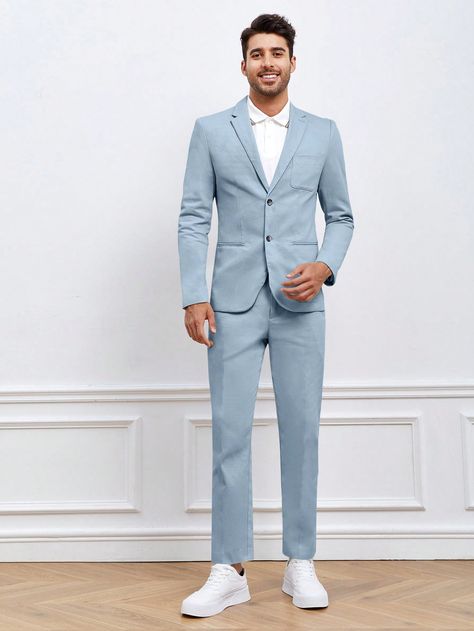 Baby Blue Casual Collar Long Sleeve  Plain  Embellished Non-Stretch All Men Clothing Light Blue Blazer Outfit Men, Light Blue Blazer Outfit, Blue Blazer Outfit Men, Turtleneck Suit, Suits For Guys, Prom Outfits For Guys, Blue Blazer Outfit, Linen Suits For Men