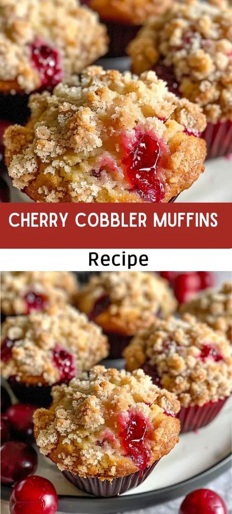 Homemade Cherry Cobbler, Cobbler Muffins, Cherry Cobbler Recipe, Cherry Muffins, Cherry Desserts, Homemade Muffins, Frozen Cherries, Cherry Cobbler, Cherry Recipes