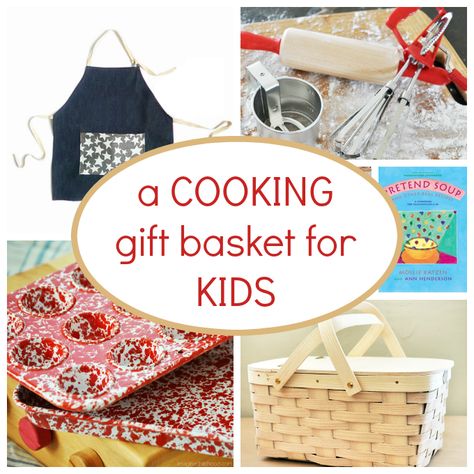 Ideas for putting together a cooking gift basket for kids -- with child-sized real tools. Cooking Gift Basket, Cooking Gifts Basket, Baking Gift Basket, Soup Gifts, Family Gift Baskets, Cooking In The Classroom, Auction Basket, Raffle Basket, Kids Gift Baskets