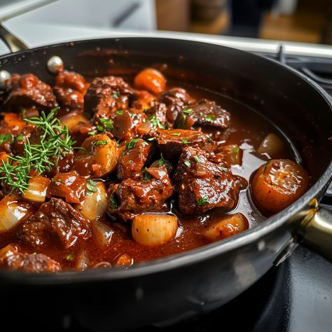 Beef Bourguignon, also known as Boeuf Bourguignon in French, is a classic dish that originated from the Burgundy region of France. It is a rich, hearty beef stew braised slowly ... Read more Beouf Bourginon Julia Child, Beef Bourguignon Stovetop, Beef Lambordi, Easy Beef Bourguignon, Braised Beef Recipes, Beef Burgundy, Hearty Beef Stew, New Years Dinner, Buttered Noodles