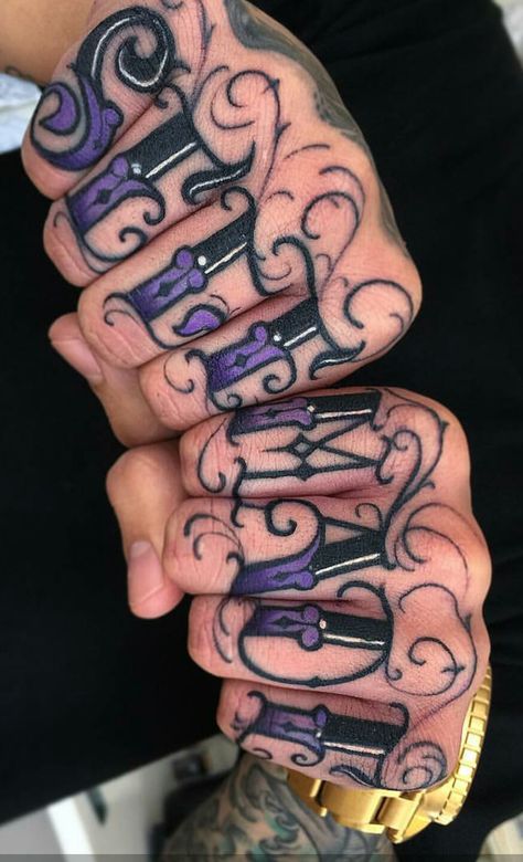 Self made purple color #tattoo #inked on the fingers @miryamlumpini Traditional Purple Tattoo, Neo Trad Sleeve, Purple Ink Tattoo, Purple Tattoo, Finger Letter Tattoos, Purple Tattoo Ink, Pink Tattoo Ink, Self Made Tattoo, Colorful Skull Art