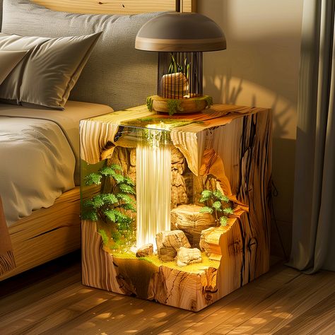 Aqua Dreams: Dive into the World of Waterfall Epoxy Bedside Tables - ArtistryApex.com Epoxy Resin Table Ideas, Waterfall Bedroom, Saved Pictures, Epoxy Projects, Epoxy Ideas, Project House, Epoxy Resin Table, Matching Furniture, Bed Furniture Design