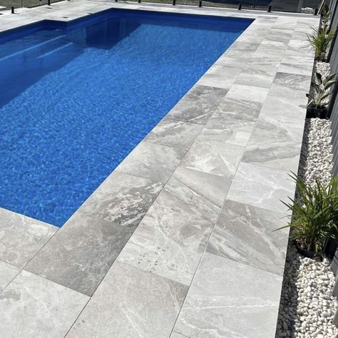 Marble Patio Floor, Marble Pool Coping, Marble Pool, Stone Pool Coping, Grey Pavers, Grey Marble Tile, Farmhouse Backyard, Oasis Pool, Pool Pavers