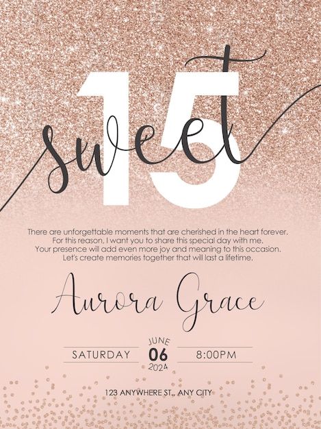 Editable Quinceañera Invitation Template in PSD format for a glamorous and elegant 15th birthday celebration. 15th Birthday Decorations, Quinceañera Invitation, Birthday Invitation Card Template, Digital Birthday Cards, Cute Birthday Ideas, Event Card, Birthday Card Design, Quinceanera Invitations, Sweet 15