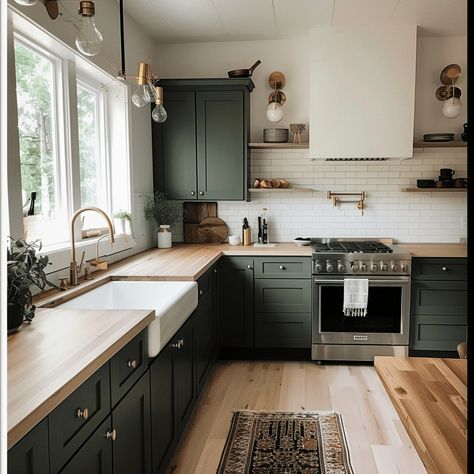 Countertops With Green Cabinets, Green Cabinets With Butcher Block, Sage Green Kitchen Cabinets, Butcher Block Countertops Kitchen, Wooden Countertops Kitchen, Kitchen Butcher Block, Green Countertops, Mediterranean Kitchen Design, Taupe Kitchen