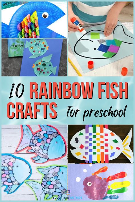 F Is For Fish Preschool, Rainbow Fish Kindness Activities, Rainbow Fish Project, Fish Art Craft Preschool, Eyfs Rainbow Fish, Rainbow Fish Eyfs Activities, Rainbow Fish Craft Toddlers, Rainbowfish Art Activity For Kids, Rainbow Fish Art Project