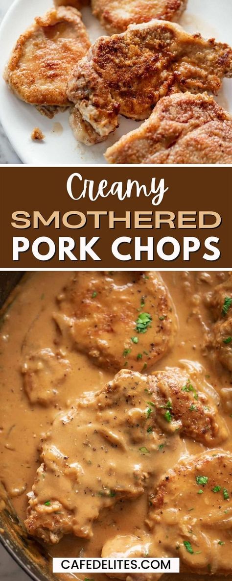 Creamy Smothered Pork Chops are first seared and then cooked in a rich onion gravy. If you love juicy, succulent pan-fried pork chops, you will love this tasty recipe! It's so versatile, you can serve them with anything like mashed potatoes, white rice, or roasted veggies to make a complete meal. Creamy Smothered Pork Chops, Pork Chops With Gravy, Pasta Food Recipes, Smothered Pork Chops Recipe, Recipes Chili, Cake Pizza, Pork Chops And Gravy, Smothered Pork, Easy Pork Chops