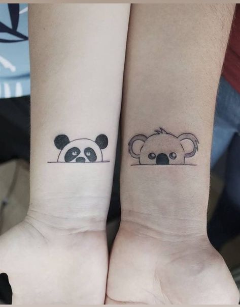 Koala Small Tattoo, Couple Tattoos Panda, Panda And Koala Tattoo, Koala Tattoo Cute, Matching Panda Tattoos, Cute Koala Tattoo, Husband Tattoo Ideas, Wife And Husband Tattoo, Simple Koala Tattoo