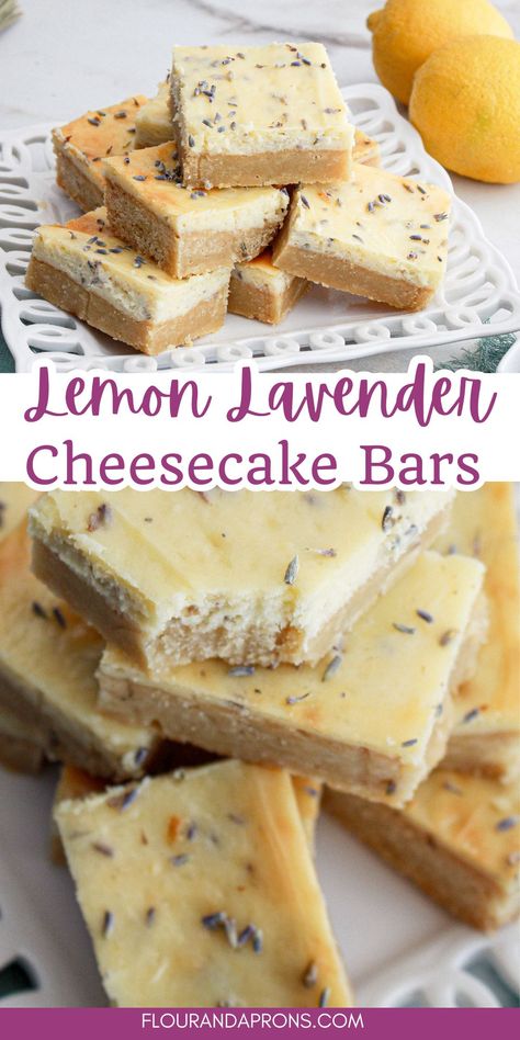 These lemon lavender cheesecake bars make a delicious summer dessert. Fast Delicious Desserts, Lavender Cheesecake, Quick Yummy Desserts, Lavender Dessert, Lemon Cheesecake Bars, Lavender Recipes, Lavender And Lemon, Yummy Desserts Easy, Homemade Cheesecake