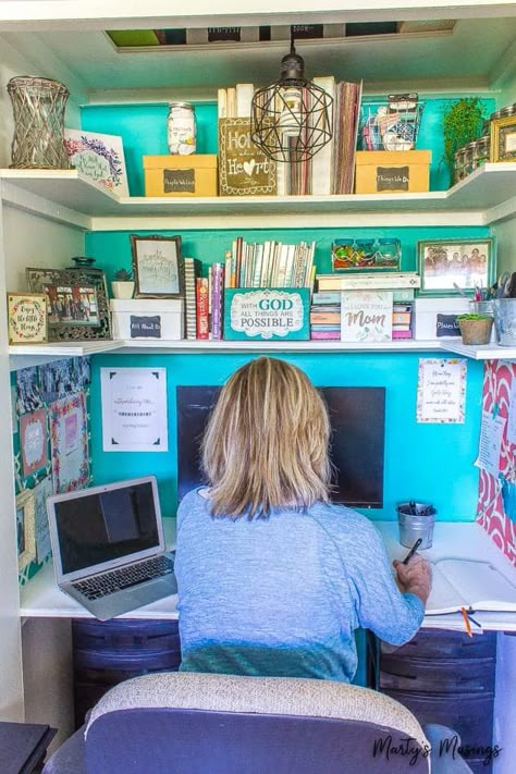 Work from home but no space for an office? Learn how to turn a closet into a home office (plus all the details on the craft room organization!) #martysmusings #officeinacloset #homeoffice #craftroom #scrapbookroom #homeofficenook Organize Crafts, Craft Room Closet, Craft Room Ideas, Closet Desk, Home Office Closet, Diy Office Decor, Tiny Office, Cool Office Space, Closet Office