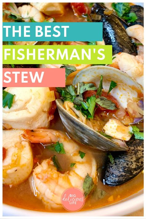 Loads of fresh seafood in a rich and flavorful tomato wine broth, Cioppino, or Fisherman’s Stew, is delicious and surprisingly simple to make! Cioppino Recipe, Fish Stew Recipes, Seafood Soup Recipes, Cooking Tomatoes, Seafood Stew, Frozen Seafood, Seafood Soup, Healthy Clean Eating, Fresh Seafood