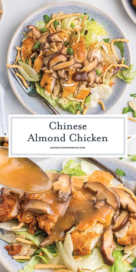 Chinese Almond Chicken, aka Detroit Almond Chicken, ABC Chicken or Almond Boneless Chicken, is a dish with fried chicken and mushroom gravy served over iceberg lettuce. Almond Chicken Gravy Recipe, Chicken And Mushroom Gravy, Almond Chicken Chinese Recipe, Chinese Almond Chicken, Almond Boneless Chicken Recipe, Abc Chicken, Almond Boneless Chicken, Chinese Food Restaurant, Lettuce Recipes