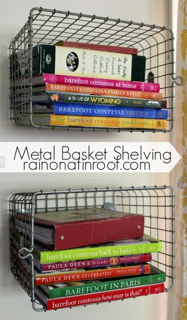 Just use screws and washers to attach to   wall. DIY Metal Basket Shelving {rainonatinroof.com} Thrifty Diy, Metal Basket, Metal Baskets, Book Organization, Book Storage, Smart Storage, Diy Metal, Storage Hacks, Wire Baskets