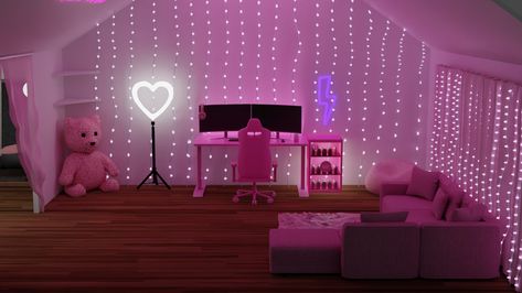 E Girl Room, Pink Led Lights, Blender Scene, Gamer Bedroom, Scene Room, Gamer Office, Pink Girl Room, Pink Games, Sims 4 Bedroom