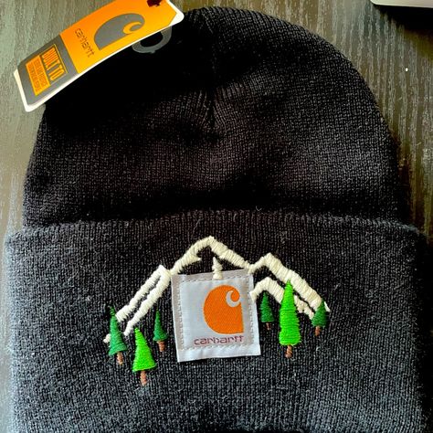 Mountain And Trees Hand Embroidered On New Carhartt Beanie. Can Make More And Specific Colors If Requested. Embroidered Beanie Ideas, Winter Hat Embroidery, Embroidered Carhartt Beanie Diy, Embroidery Carhartt Beanie, Beanie Designs Ideas, Carhartt Beanie Embroidery, Embroidered Carhartt Beanie, Carhart Beanie, Embroidered Hats Ideas