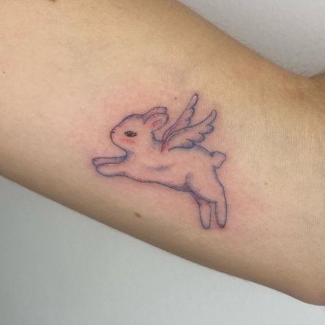 Bunny With Angel Wings Tattoo, Bunny Angel Tattoo, Angel Bunny Tattoo, Bunny With Angel Wings, Fairy Wing Tattoos, Halo Tattoo, Angel Bunny, Bunny Tattoo, Purple Tattoos