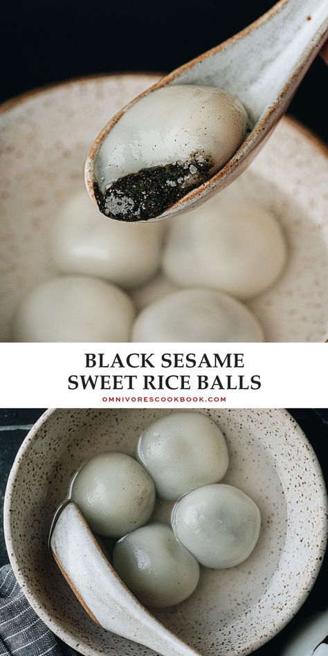 Gooey sweet rice balls (Tang Yuan) with a buttery runny sweet black sesame filling, they have a delightful texture and a delicate taste. It is a perfect healthy dessert for your Chinese meals or celebrating the Lantern Festival. {Vegetarian, Gluten-Free} Sweet Rice Balls, Black Sesame Dessert, Asian Potluck, Chinese Meals, Tang Yuan, Asian Sweets, Sweet Rice, Lantern Festival, Chinese Recipes