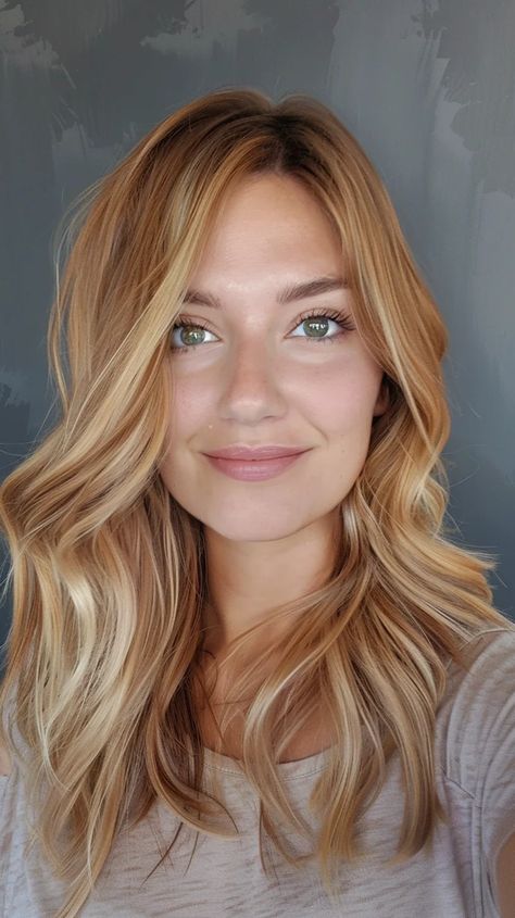 21 Honey Blonde Hair Color Ideas For A Summer Makeover Rust Blonde Hair, Fall Balayage Strawberry Blonde, Blonde Hair With Red Lowlights Copper, Hair For Freckled Skin, Honey Blonde Red Hair, Reddish Blonde Brown Hair, Light Caramel Hair Color, Golden Blonde Hair Dark Roots, Strawberry Blonde Hazel Eyes