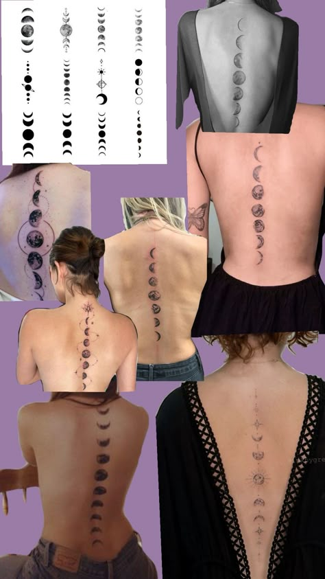 Back tattoo moon phases Moon Phases On Spine Tattoo, Moon Phases Tattoo Designs For Women, Moon Cycle Back Tattoo, Spine Tattoo Moon Phases, Spine Tattoos For Women Moon Phases, Moon Phases Spine Tattoo, Moon Phase Spine Tattoo, Back Tattoo Moon, Tattoo Moon Phases