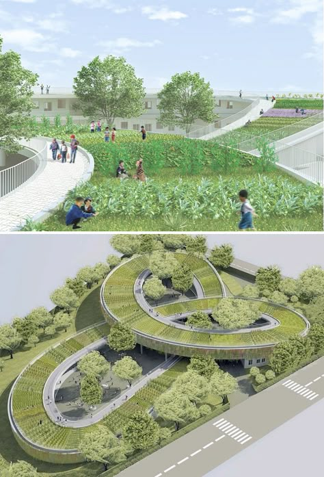 Urban Farming Architecture, Children Architecture, Kindergarten Design, Green Roofs, Urban Farm, Green Architecture, Environmental Awareness, Green City, Urban Farming