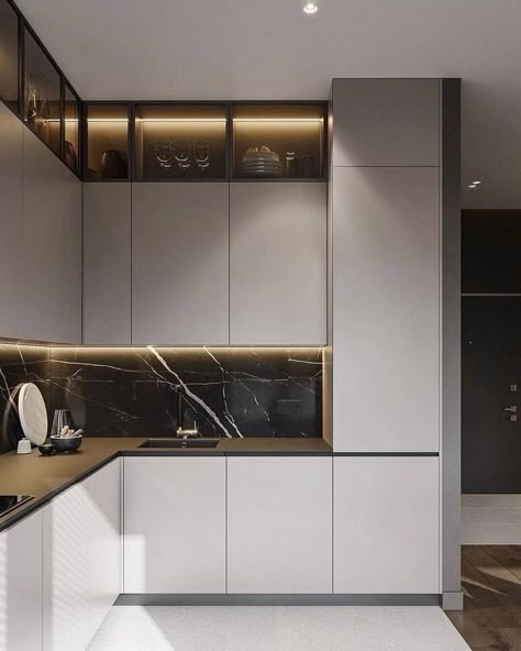 Black Tile Kitchen, Hpl Kitchen, Modern Kitchen Interior Design Ideas, Black Tiles Kitchen, Classic Living Room Design, Modern Kitchen Colours, Minimal Kitchen Design, Elegant Kitchen Design, Modern Kitchen Design Ideas