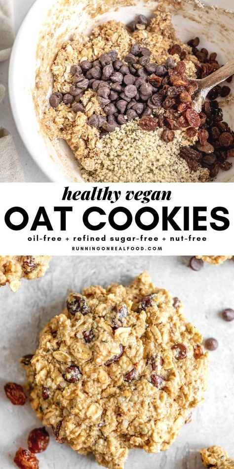 These delicious, vegan oatmeal cookies are oil-free, gluten-free, nut-free and easy to make with simple ingredients like rolled oats, maple syrup, tahini and ground flax. Customize with add-ins like chocolate chips, raisins, hemp seeds, walnuts or cranberries. Vegan Oat Cookies, Protein Bars Vegan, Doughnut Cookies, Healthy Oat Cookies, Oat Cookie Recipe, Vegan Oatmeal Cookies, Vegan Oatmeal, Medicine Tips, Oat Cookies