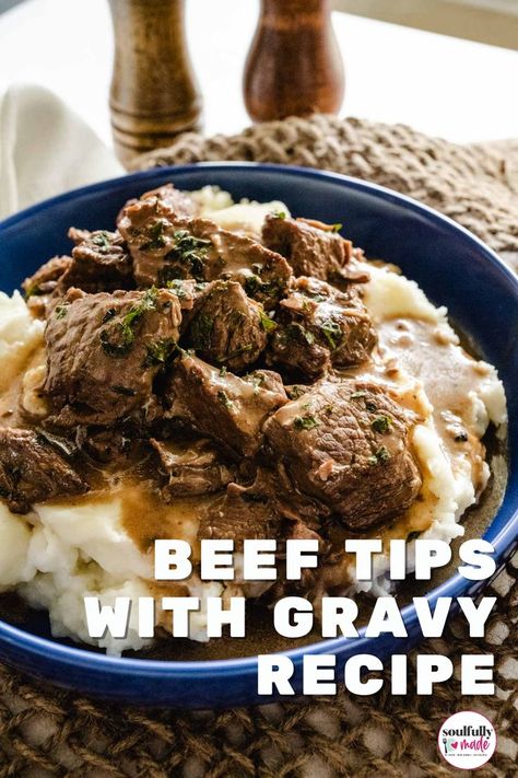 A place mat with a blue plate full of mashed potatoes and topped with the beef tips with gravy recipe. Beef Tips With Gravy, Beef With Onions, Beef Tips And Rice, Beef Tip Recipes, Beef Tips And Gravy, Sirloin Tips, Beef Sirloin, Beef Tips, Easy Meal Plans