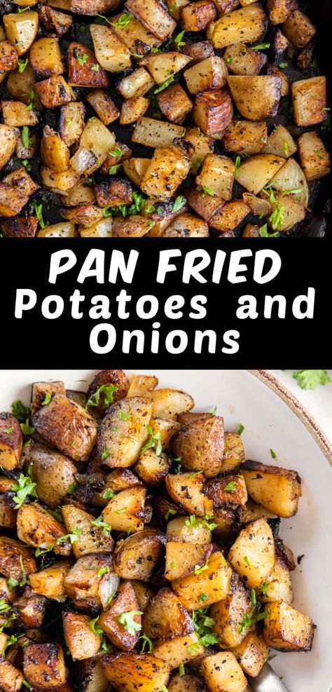 These Pan Fried Potatoes and Onions are a delicious side dish for breakfast, brunch or dinner. They come together in one skillet in 25 minutes! Pan Fried Potatoes And Onions, Cast Iron Chicken Thighs, Fried Potatoes And Onions, Tasty Potato Recipes, Potato Side Dishes Easy, Pan Fried Potatoes, Cast Iron Chicken, Best Potato Recipes, Potatoes And Onions