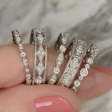 Ivy & Rose Fine Jewelry on Instagram: “Glitter stacks, perfect for mixing and matching ✨⁠ ⁠” 10 Year Anniversary Ring, Diamond Wedding Bands Stackable, Platinum Diamond Wedding Band, Vintage Diamond Wedding Bands, Round Diamonds Wedding Band, Round Wedding Band, Stunning Diamond Rings, Right Hand Ring, Platinum Wedding Band