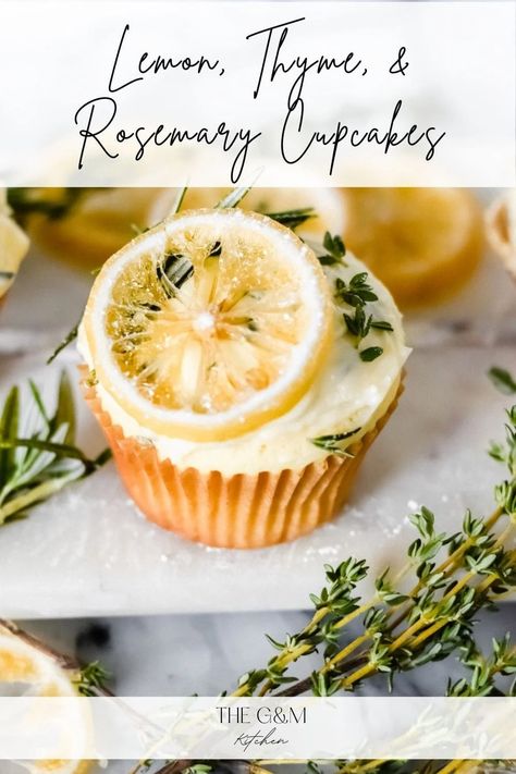 These homemade and moist lemon cupcakes with rosemary and thyme are light, herby, and topped with tangy cream cheese mascarpone frosting! This recipe is so easy, fun, and sophisticated and is totally from scratch! It's a must-try to really up your cupcake game! Rosemary Cupcakes, Moist Lemon Cupcakes, Lemon Mascarpone Cream, Summer Baking Recipes, Savory Cupcakes, Lemon Mascarpone, Mascarpone Frosting, Lemon Frosting, Rosemary And Thyme