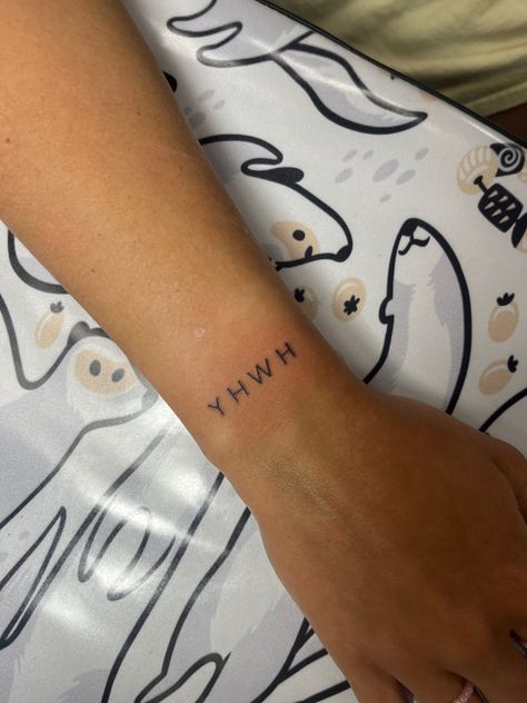 Yahweh Tattoos For Women, Yahweh Tattoo Women, Simple Christian Word Tattoos, Yaweh Tattoos For Women, Wwjd Tattoo Ideas, Patchwork Tattoo Ideas Christian, John 10:10 Tattoo, 70 X 7 Tattoo, Yhwh Tattoo Hebrew