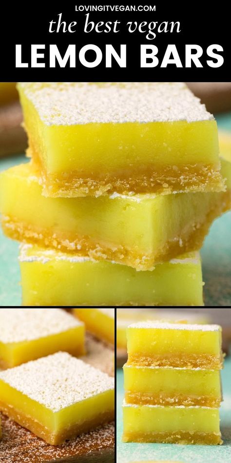 The best vegan lemon bars are tangy, sweet and lemony with a buttery shortbread crust and a filling that tastes like lemon meringue pie! Vegan Lemon Bars Recipe, Vegan Lemon Recipes, Vegan Cookie Bars, Myer Lemon Recipes, Vegan Lemon Desserts, Vegan Lemon Bars, Vegan Recipes For One, Vegan Dessert Bars, Vegan Bars